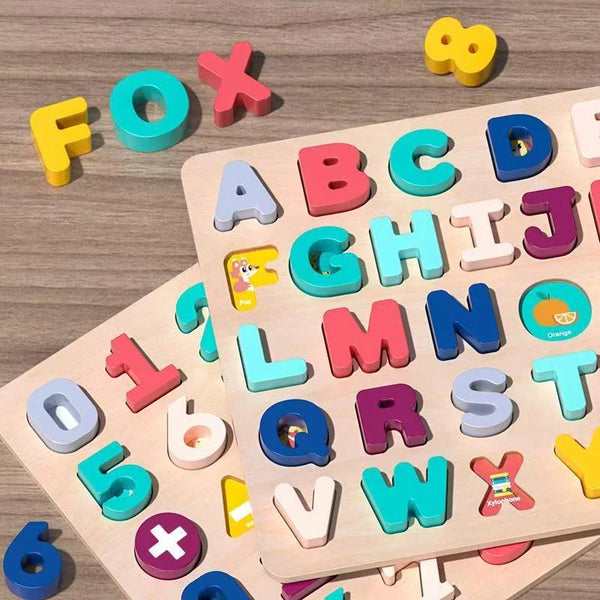 A wooden alphabet and number matching puzzle with colorful letters and numbers scattered on a light wood surface.