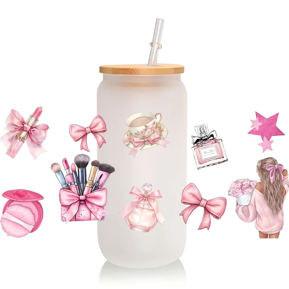 A clear glass cup with a cork stopper and various pink and white waterproof makeup-themed decorative wraps.