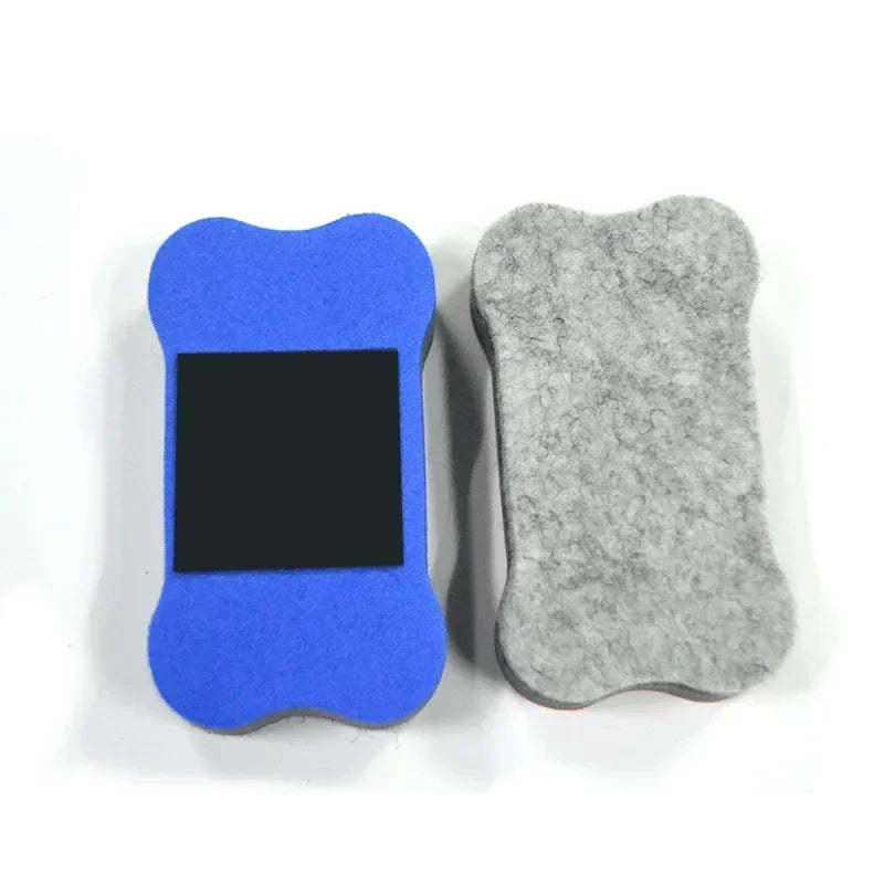 A blue and gray flexible magnetic dry erase board for the refrigerator.