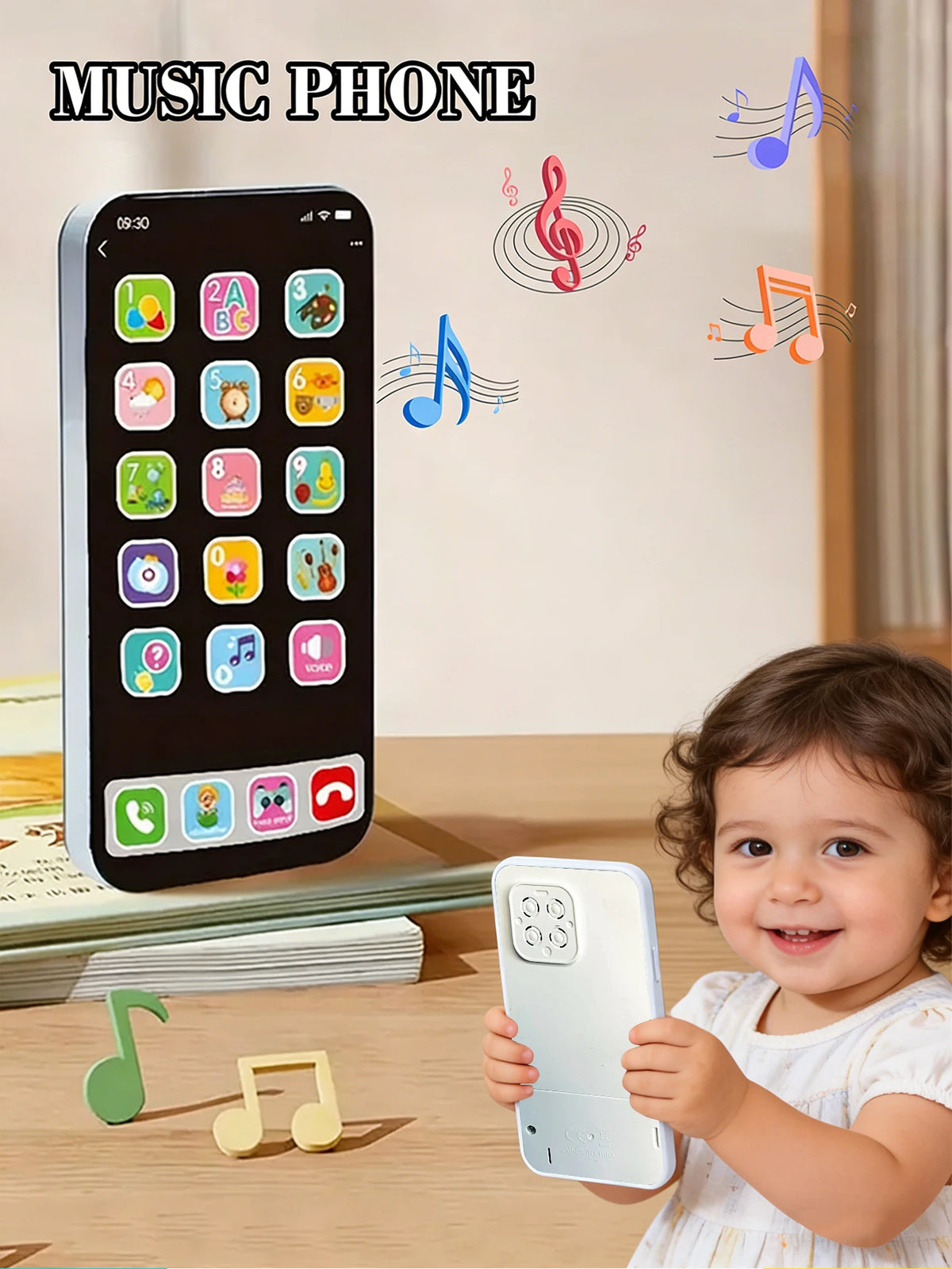 A baby is holding a white interactive learning phone toy with music notes floating around it.