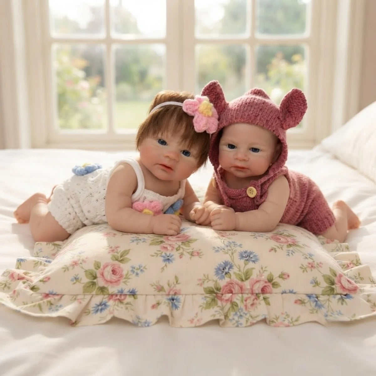 A realistic soft silicone reborn doll with pink ears and a floral dress lying on white bedding.