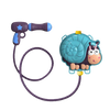 A purple and blue animal backpack water gun toy with a purple hose and a cartoon character head.