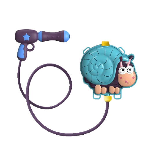 A purple and blue animal backpack water gun toy with a purple hose and a cartoon character head.