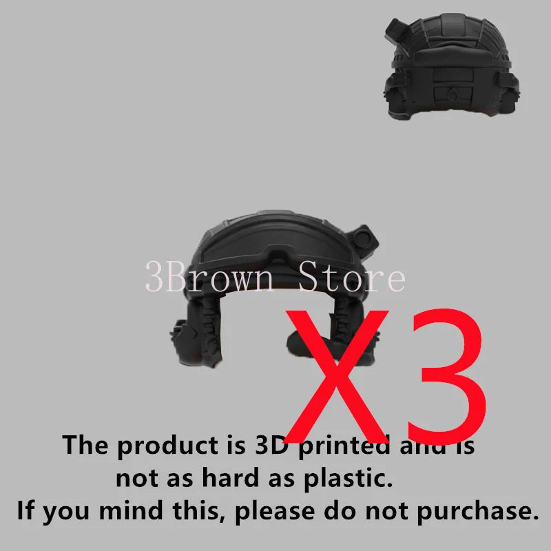 A black 3D printed military building block set with gun and helmet accessories.