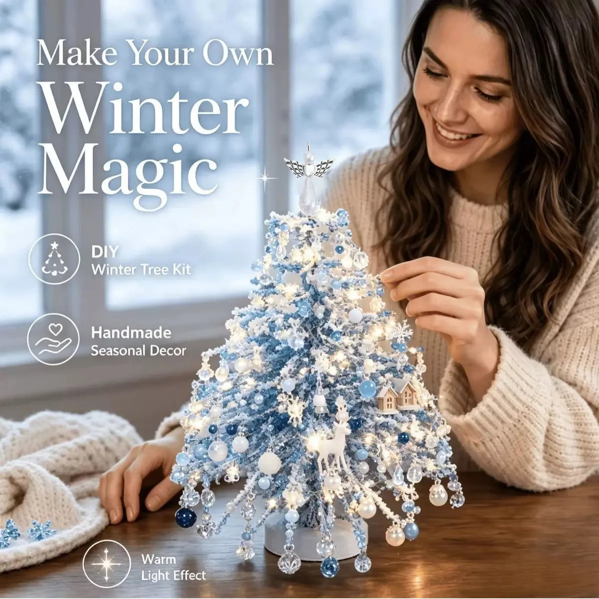 A woman is decorating a blue beaded winter tree kit with lights and ornaments indoors.