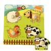 A set of wooden puzzles featuring farm animals like a sheep, dog, chicken, and cow for toddlers.