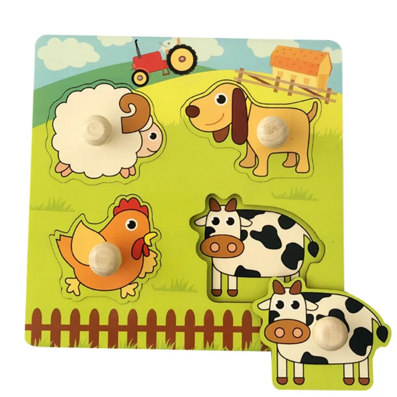 A set of wooden puzzles featuring farm animals like a sheep, dog, chicken, and cow for toddlers.
