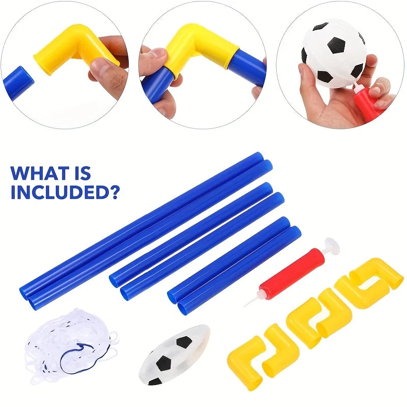 Portable soccer goal set including a yellow and blue goal, a soccer ball, and a pump.