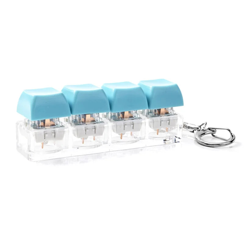 A clear acrylic keychain featuring four light blue fidget key buttons.