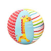 A colorful roller toy with stripes and a yellow giraffe design for baby tummy time.