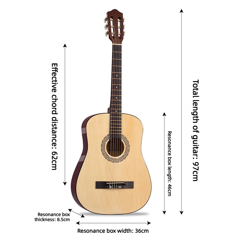 Guitare classique en bois montrant ses dimensions : corps, manche et longueur de mire.