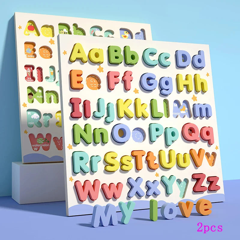 A wooden alphabet puzzle set showing uppercase and lowercase letters arranged in a grid.
