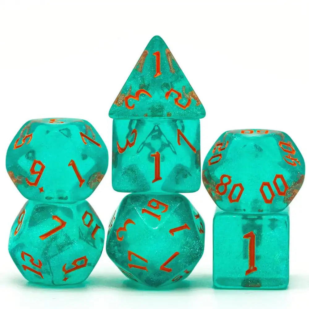 A set of seven translucent teal glitter polyhedral dice, including a tetrahedron and a cube.