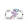 A sterling silver heart charm bead featuring pink zircon stones and iridescent butterfly designs.