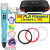 A blue 3D printing pen with an LCD display and filament spools, including a power adapter.