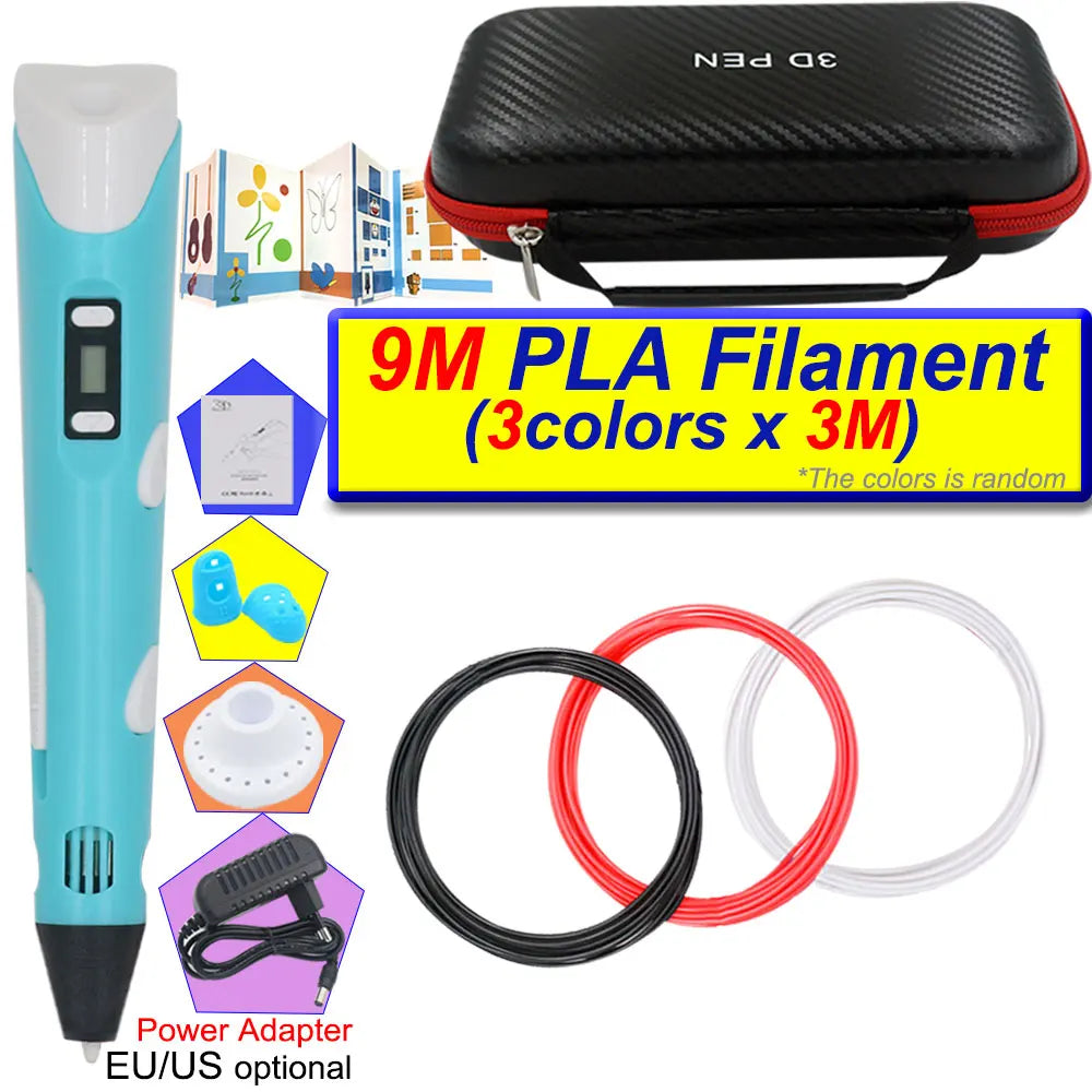 A blue 3D printing pen with an LCD display and filament spools, including a power adapter.