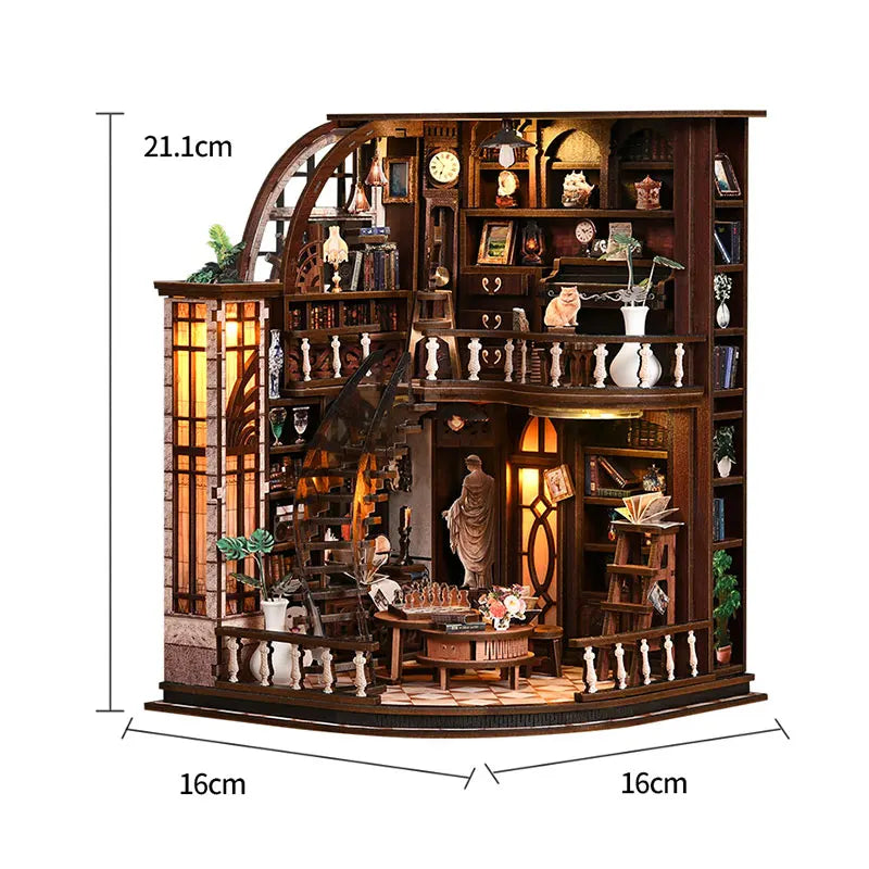A wooden vintage music room book nook kit featuring detailed shelves, books, and decorative items with warm LED lighting.