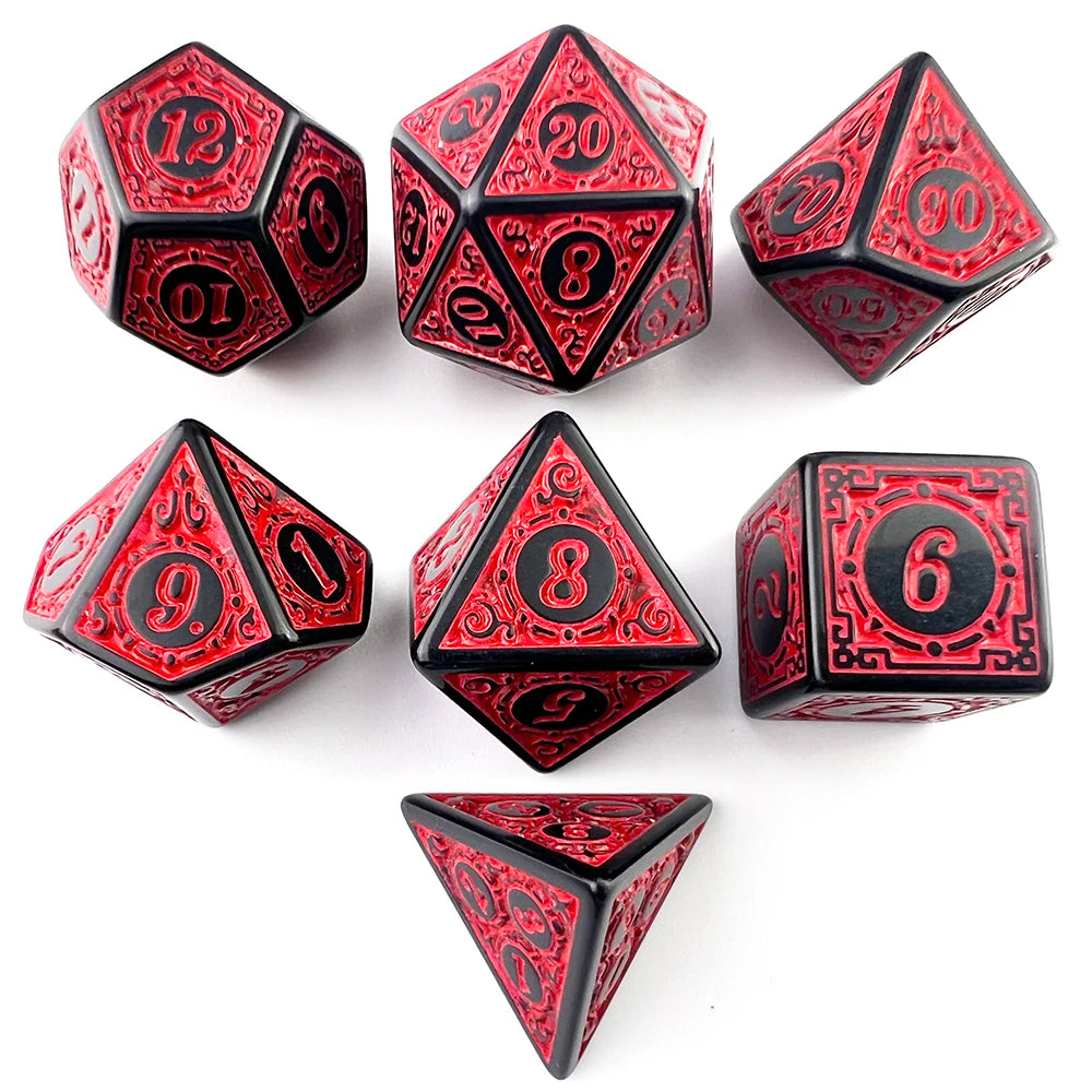 A set of polyhedral dice in red and black, including d10s, d20s, and d6s, displayed on a white background.