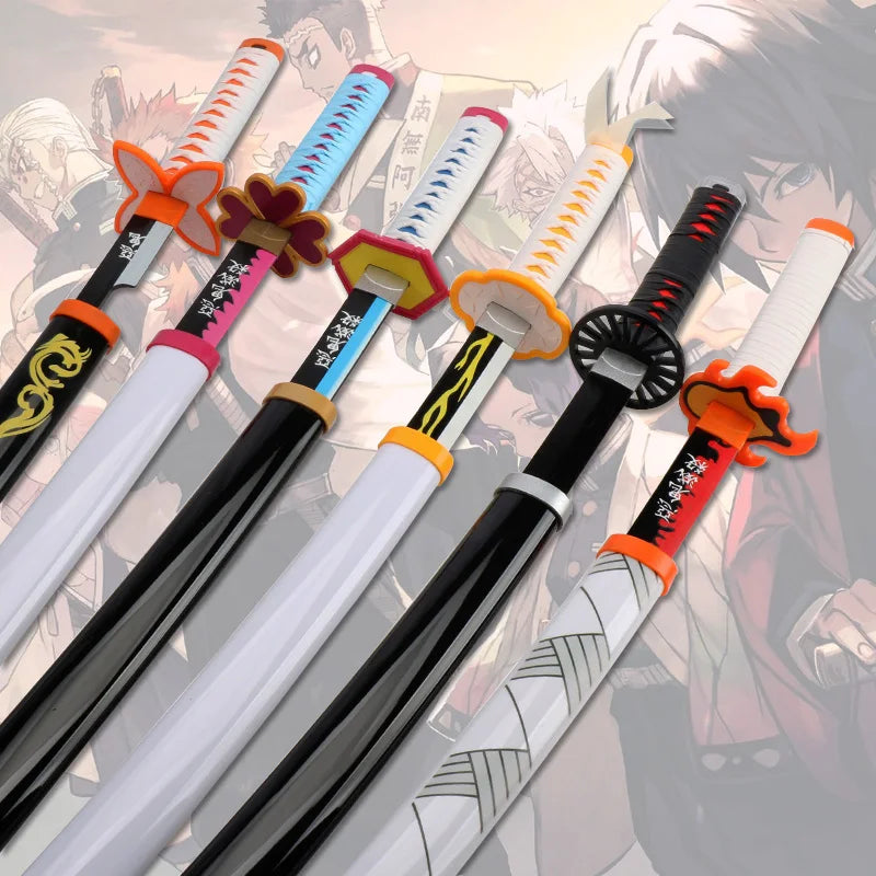 A collection of Demon Slayer Tanjiro Katana replicas featuring various colored hilts and blades.