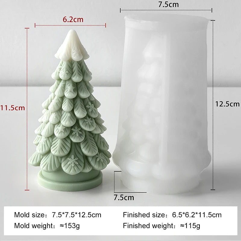 A silicone mold for a Christmas tree candle featuring star and snowflake details, shown next to the finished product.