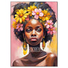 A vibrant painting of an African woman adorned with yellow and pink flowers, depicting a portrait in the style of red wine.