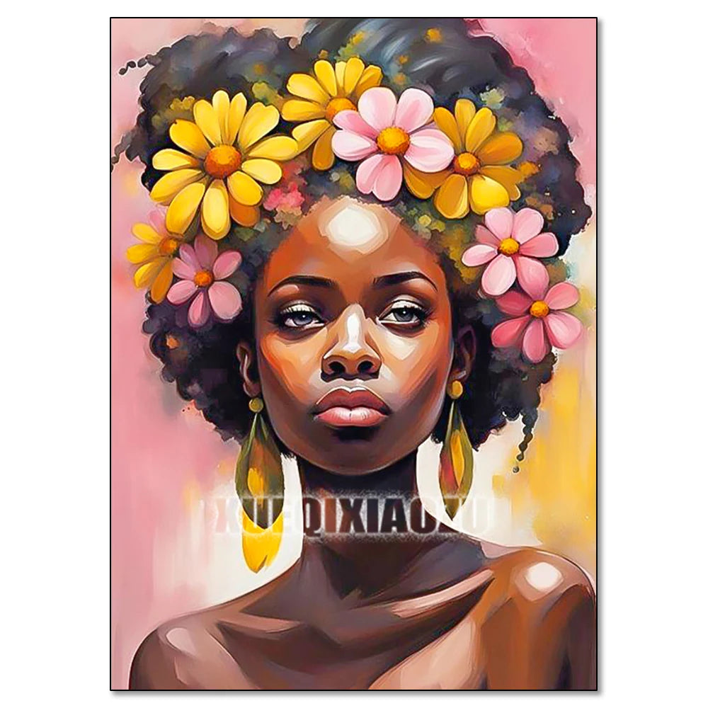 A vibrant painting of an African woman adorned with yellow and pink flowers, depicting a portrait in the style of red wine.