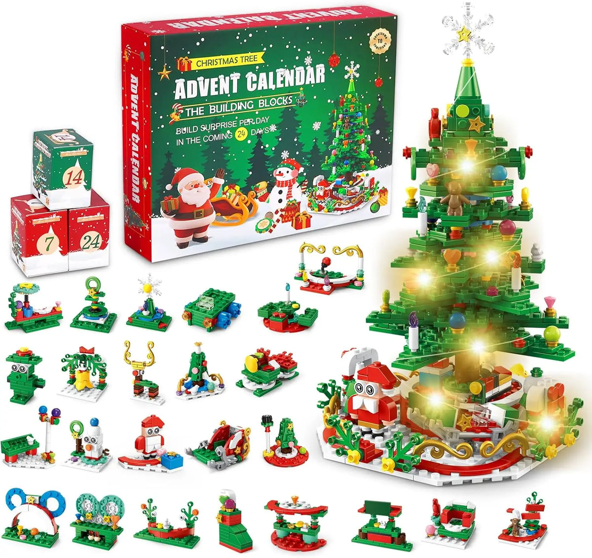 A box of a Christmas Advent Calendar building block set featuring 24 surprise mini figures and a decorated Christmas tree.