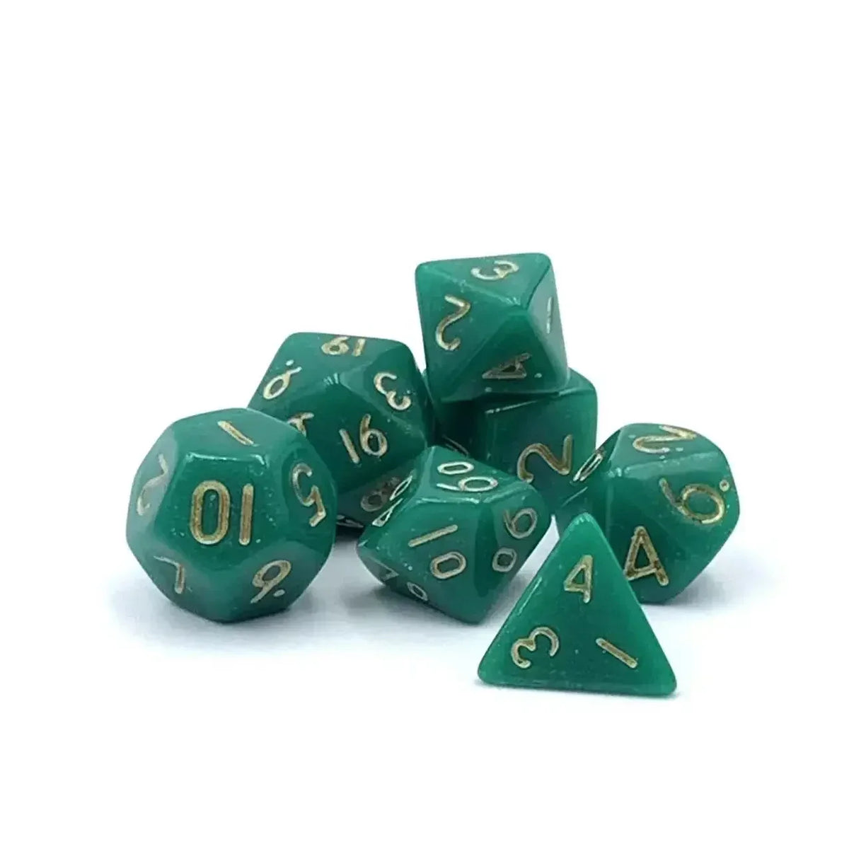 A set of seven small green polyhedral dice, including a d6 and a tetrahedron, are displayed on a white background.