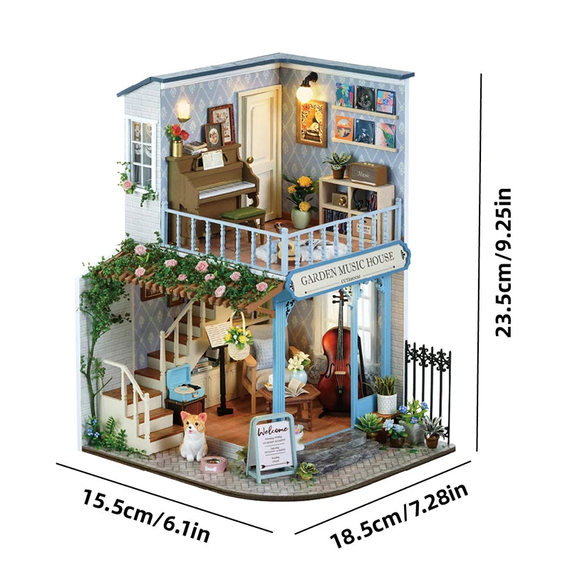 A wooden miniature dollhouse kit with LED lighting is shown as a 3D puzzle building set.