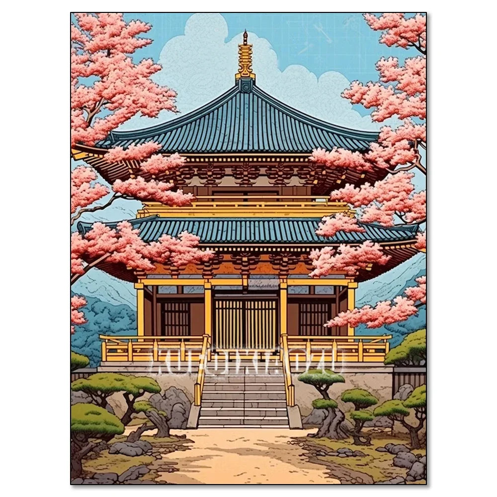 Cherry Blossom Tower Diamond Painting Kit – DIY 5D Wall Art for Adults