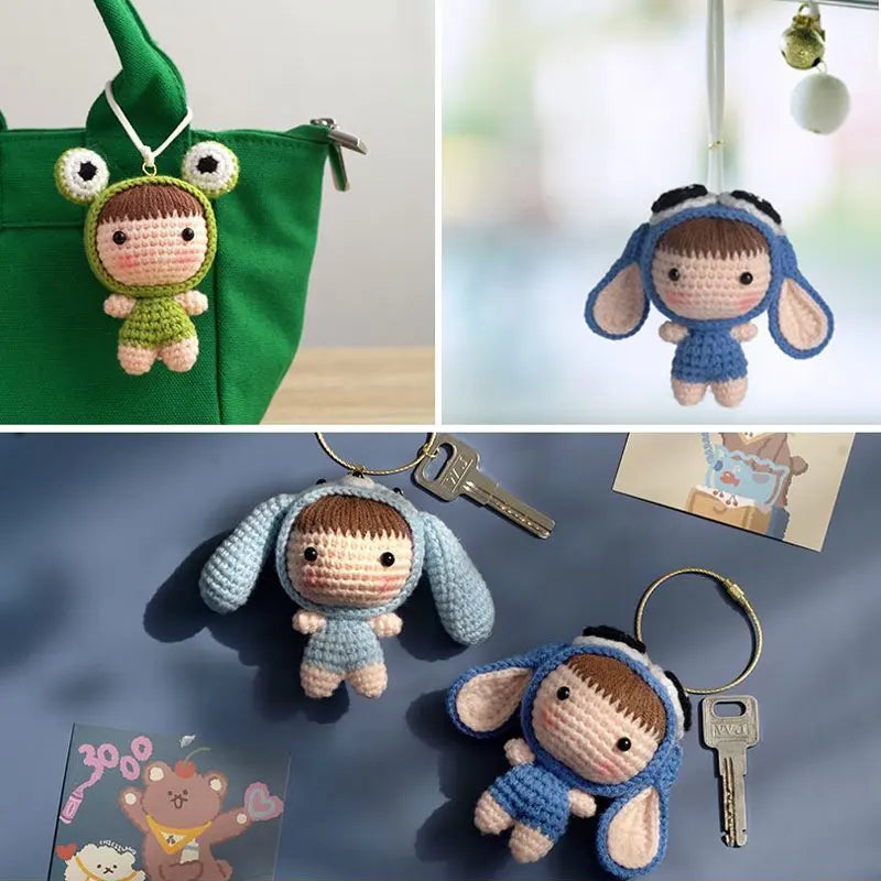 A set of handmade crochet dolls featuring various facial expressions and outfits.