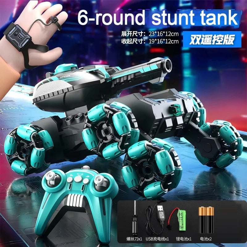 A black and teal RC stunt tank is shown with its wheels and controls, next to a controller and battery components.