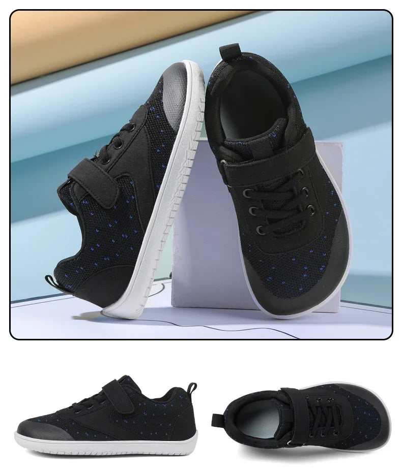 A pair of black minimalist barefoot sneakers shown in various angles, including a full view and a side profile.