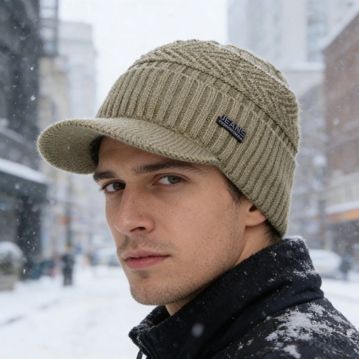 A man wearing a beige knit beanie with a brim and a black jacket in a snowy outdoor setting.