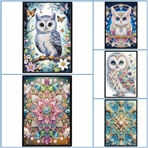 Une collection de designs de diamants représentant des hiboux, des fleurs et des motifs de mandala complexes.