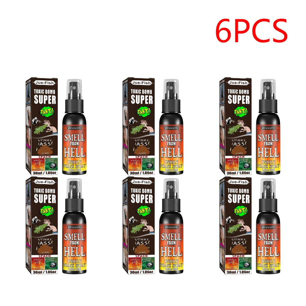 Six packs of Extra-Strength Fart Spray Prank Gag in dark brown and black packaging.
