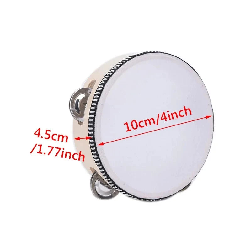 A white wooden tambourine with metal jingles, shown from the top view.