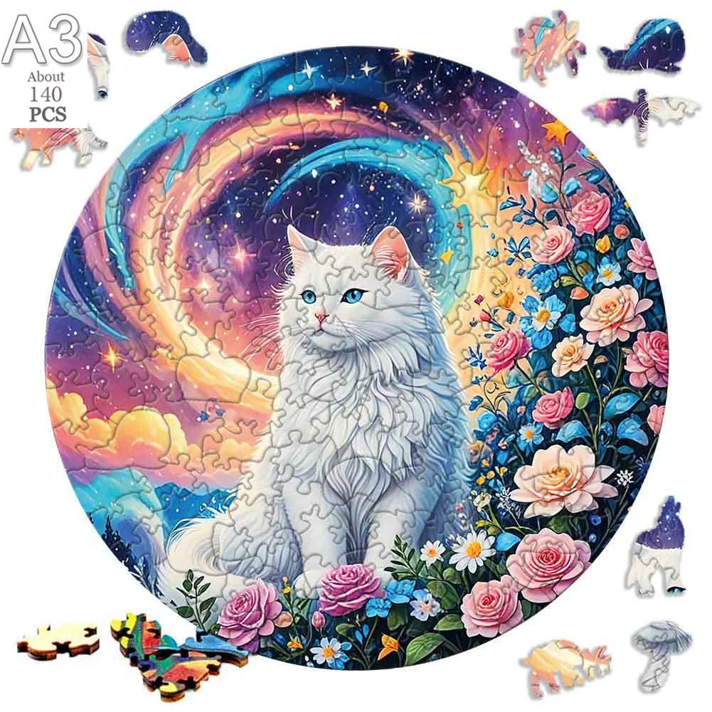 A jigsaw puzzle featuring a white cat surrounded by colorful floral and celestial elements.