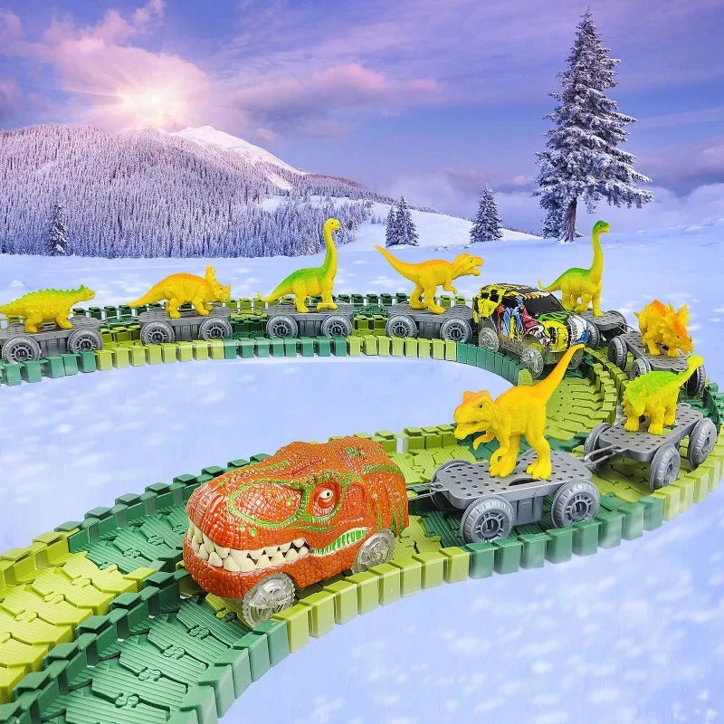 A dinosaur train track set featuring various dinosaurs and a mist-spouting volcano on a snowy landscape.