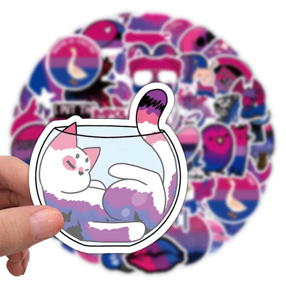 A hand holds a circular pack of purple pride transparent stickers featuring various stylized figures and designs.