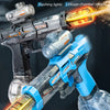 An automatic electric water gun with flashing lights is shown firing a stream of water.