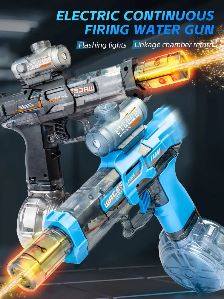 An automatic electric water gun with flashing lights is shown firing a stream of water.