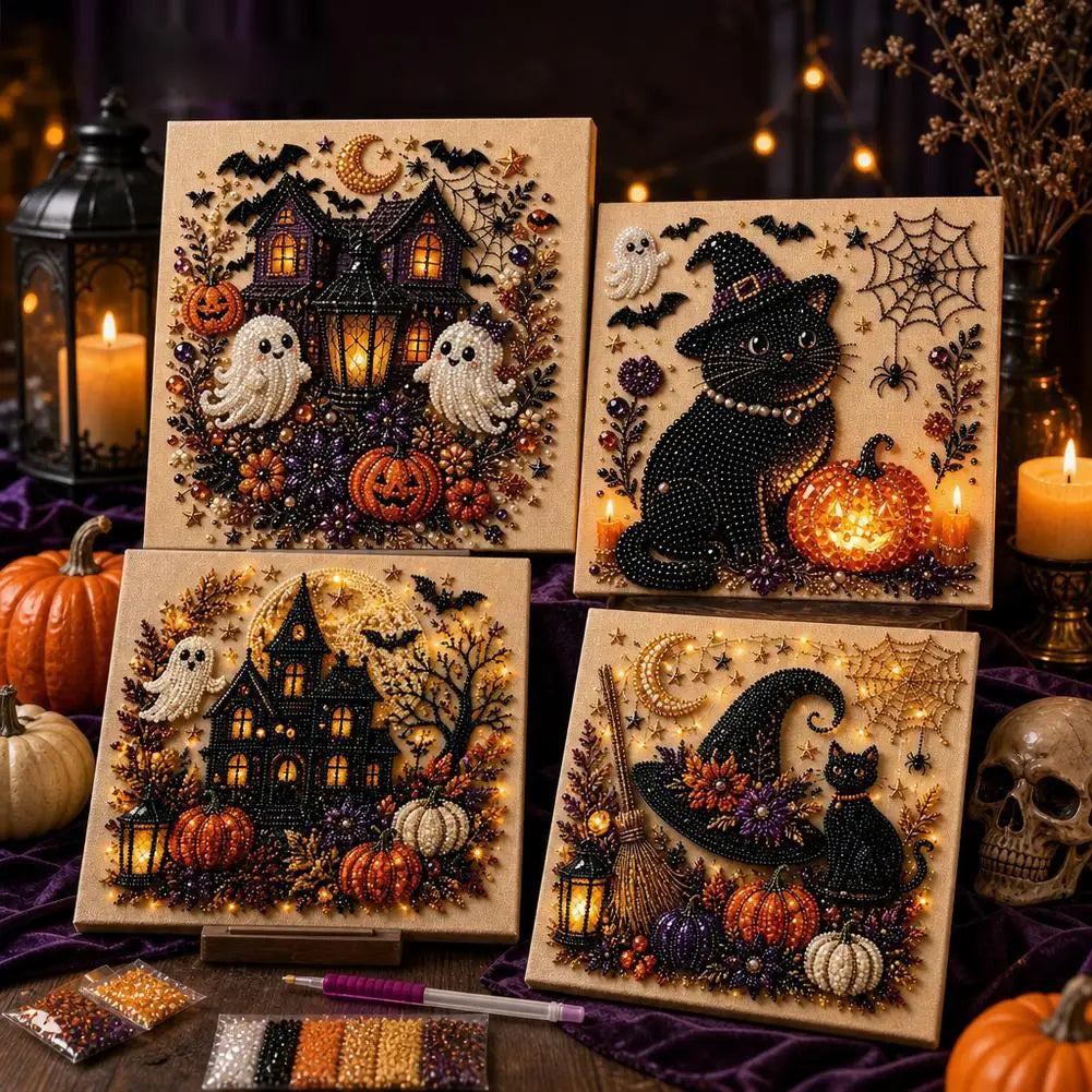 A set of Halloween ghost and pumpkin mosaic art kits featuring detailed 3D pearl work on wooden boards.