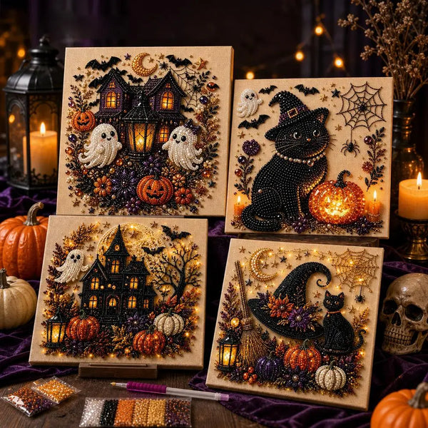 Sæt af Halloween-spøgelse- og græskar-mosaikkunstkit med detaljeret 3D-perlearbejde på træplader