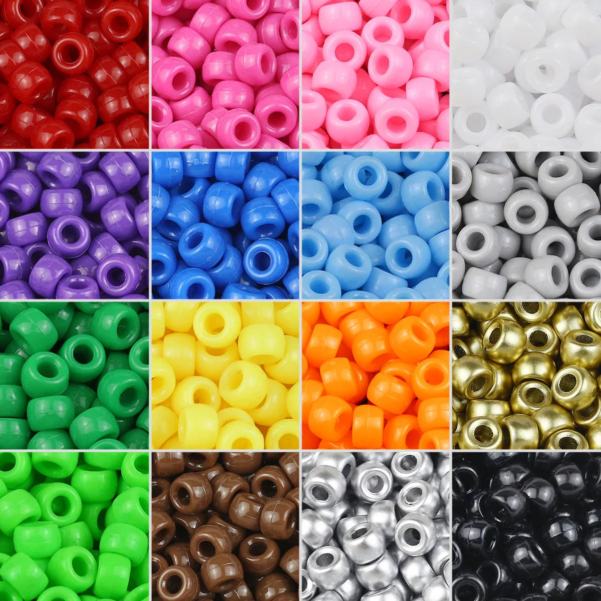 A collection of solid color pony beads in various shades including red, pink, purple, blue, green, yellow, orange, and gold.