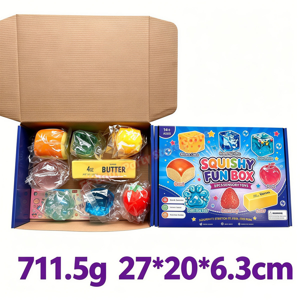 A box containing a squishy toy blind box with various colorful fruit-themed items and a yellow butter block.