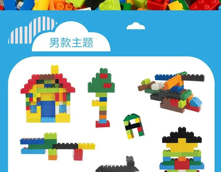 A collection of colorful plastic building blocks, including a house structure and various geometric shapes.