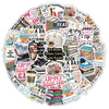 A colorful sticker pack featuring various book-themed phrases and illustrations like Read More and In My Bookish Life