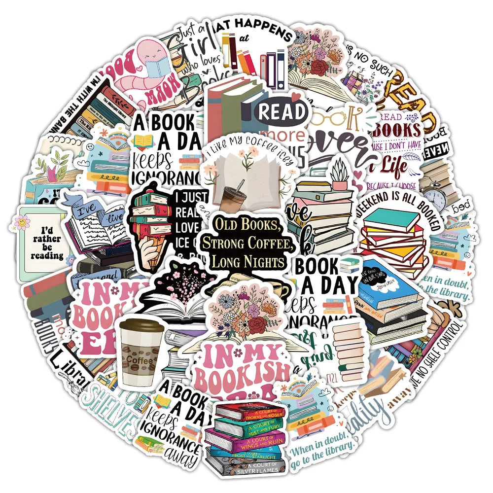 A colorful sticker pack featuring various book-themed phrases and illustrations like Read More and In My Bookish Life