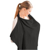 A woman wearing a black breathable muslin nursing cover with an adjustable neckline.